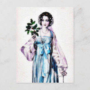 Cartão Postal De Festividades Uma senhora segura folhas na mão