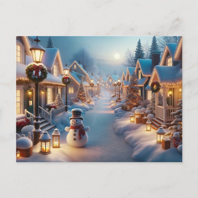 Cartão Postal De Festividades Uma vila coberta de neve para o Natal (Frente)