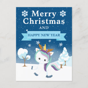 Cartão Postal De Festividades Unicórnio de Natal Azul Roxo & Branco Festivo