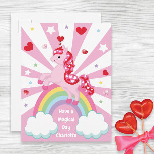 Cartão Postal De Festividades Unicórnio Rosa Dia dos Namorados para Sala de Aula
