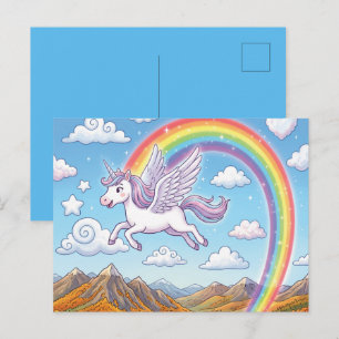 Cartão Postal De Festividades Unicórnio Voador de Desenho Animado com Arco-íris