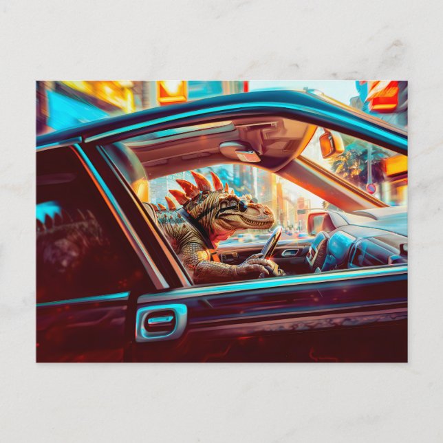Cartão Postal De Festividades Urbano Dino Dirigindo Através Da Cidade De Neon (Frente)