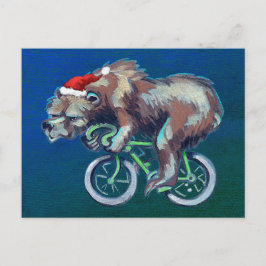 Cartão Postal De Festividades Urso Andando Bicicleta com Papai Noel