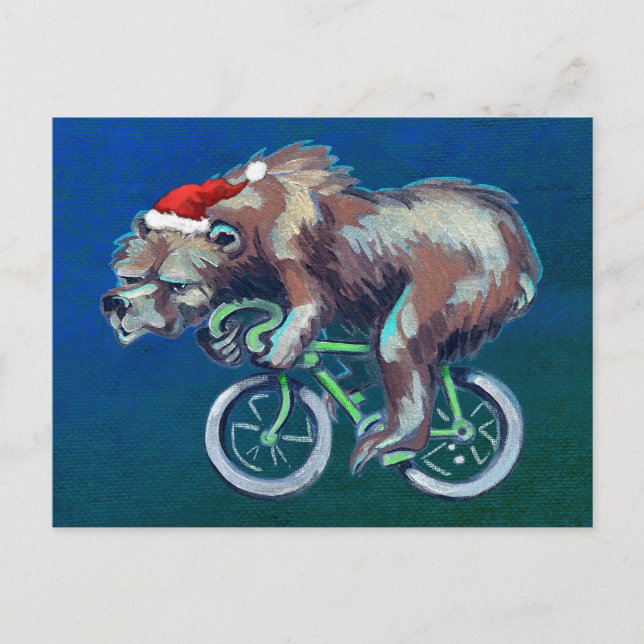 Cartão Postal De Festividades Urso Andando Bicicleta com Papai Noel (Frente)