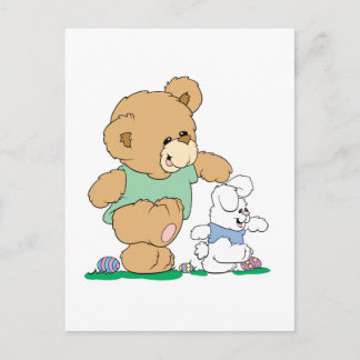 Cartão Postal De Festividades Urso Bonito e Coelhinho de Páscoa