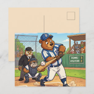 Cartão Postal De Festividades Urso de Desenho Animado Jogando Beisebol