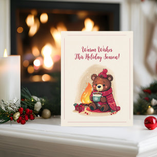 Cartão Postal De Festividades Urso Inverno Cozy com Lareira de Natal