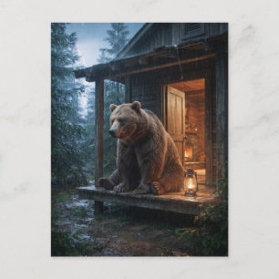 Cartão Postal De Festividades Urso Pardo Sentado no Alpendre de Cabana Aconchega
