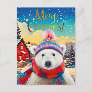 Cartão Postal De Festividades Urso Polar chapéu e cachecol de Papai Noel