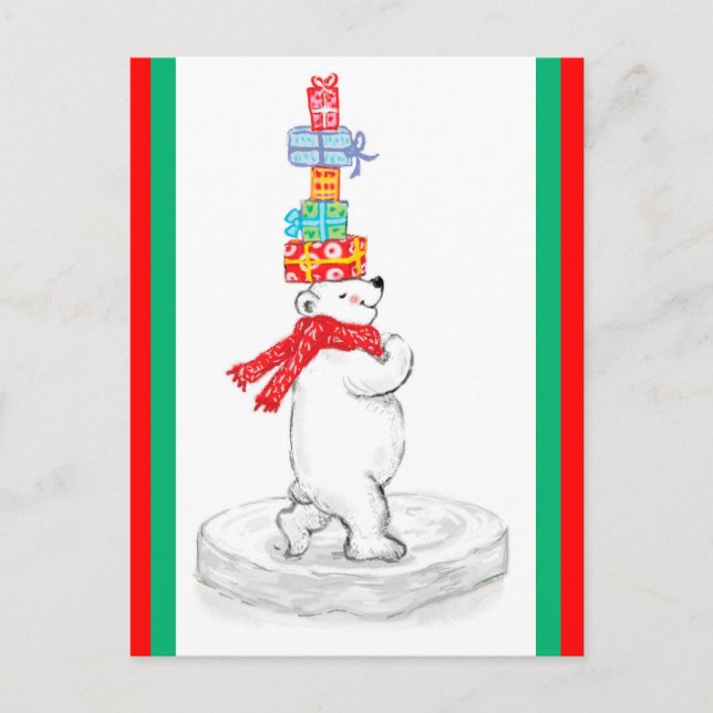 Cartão Postal De Festividades Urso Polar com Presentes de Natal (Frente)