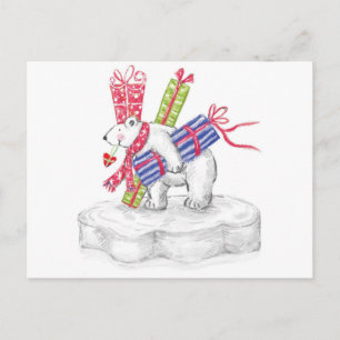 Cartão Postal De Festividades Urso Polar de Desenho Animado Fofo com Presentes d