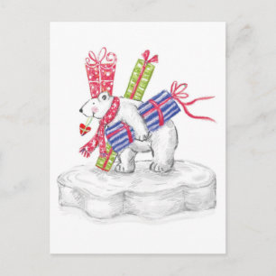 Cartão Postal De Festividades Urso Polar de Desenho Animado Fofo com Presentes d