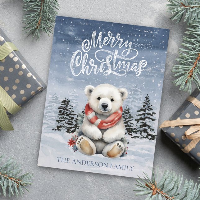 Cartão Postal De Festividades Urso Polar Louco com Feitiço Vermelho no Natal (Cozy Polar Bear with Red Scarf Flat Christmas Holiday Postcard)