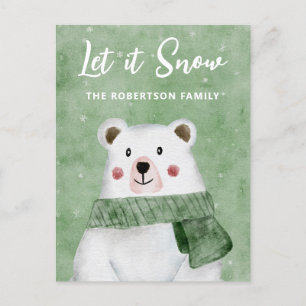 Cartão Postal De Festividades Urso Polar Vestindo Scarf Verde Deixar nevar