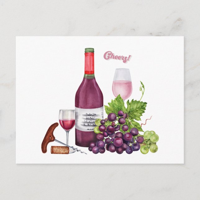 Cartão Postal De Festividades Uvas Para Vinho, Garrafa De Vinho, Vidro De Vinho (Frente)