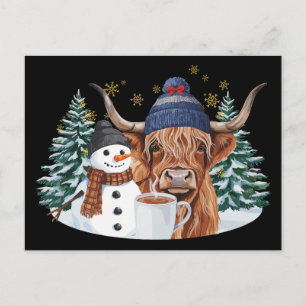 Cartão Postal De Festividades Vaca das Terras Altas Boneco de Neve Cacau Quente 