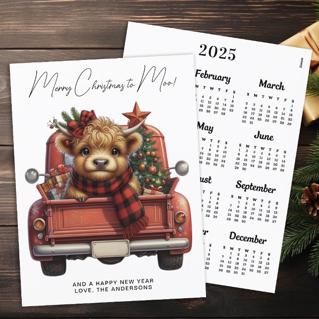 Cartão Postal De Festividades Vaca Highland 2025 Calendar Red Truck Natal (Criador carregado)