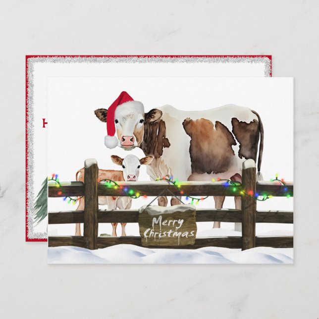 Cartão Postal De Festividades Vacas De Natal Com Aquarela (Frente/Verso)