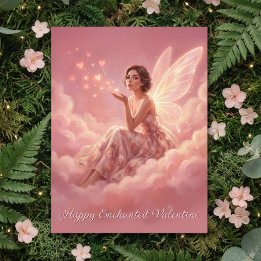 Cartão Postal De Festividades Valentine Fairy on Pink Clouds Fantasy Art