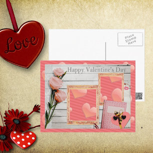 Cartão Postal De Festividades Valentine, Pink Roses, Heart Add Your Photos