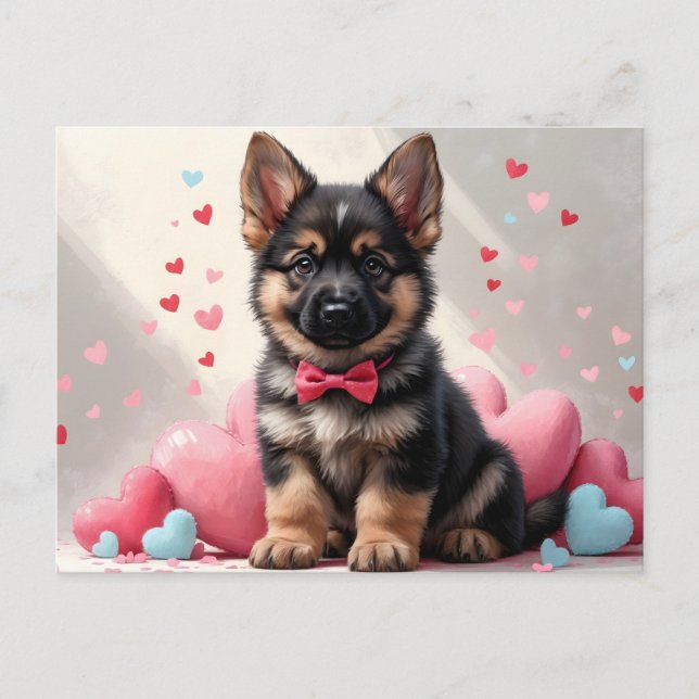 Cartão Postal De Festividades Valentine's Day German Shepherd Puppy with Hearts (Frente)