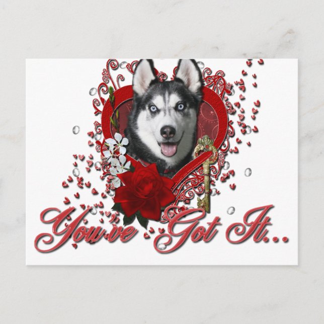 Cartão Postal De Festividades Valentines - Key to My Heart - Siberian Husky (Frente)