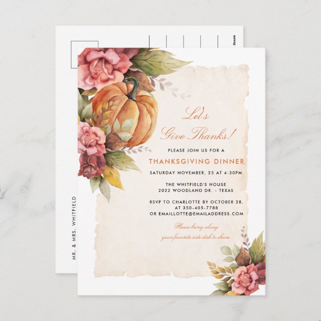 Cartão Postal De Festividades Vamos de Ação de Graças para Obrigados (Frente/Verso)