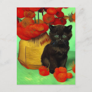 Cartão Postal De Festividades Van Gogh Black Kitten Red Flowers