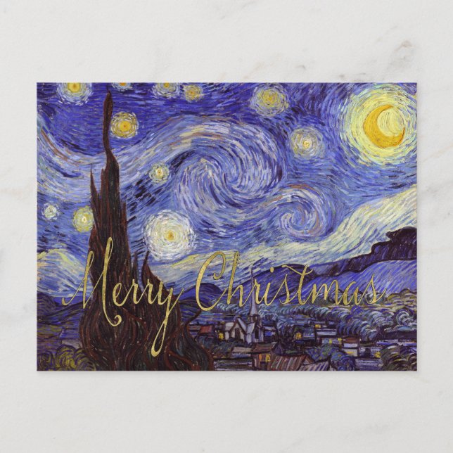 Cartão Postal De Festividades Van Gogh Starry Night Feliz Natal Arte Dourada (Frente)