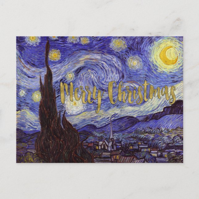 Cartão Postal De Festividades Van Gogh Starry Night Merry Christmas Gold Art (Frente)