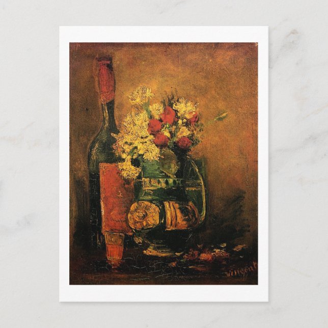 Cartão Postal De Festividades Vase com cravos e Rosas e uma garrafa (Frente)