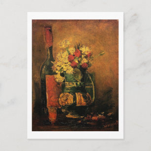 Cartão Postal De Festividades Vase with Carnations and Roses and a Bottle