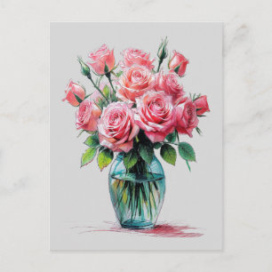 Cartão Postal De Festividades Vaso de Buquê de Rosas em Flor Desenho de Flores A
