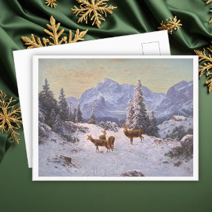 Cartão Postal De Festividades Veado com rebanho de Arte de Inverno