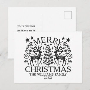Cartão Postal De Festividades Veado Escandinavo Preto & Branco Feliz Natal