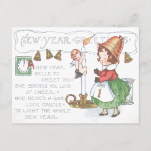 Cartão Postal De Festividades Vela Sino do Ano Novo Relógio Ampulheta