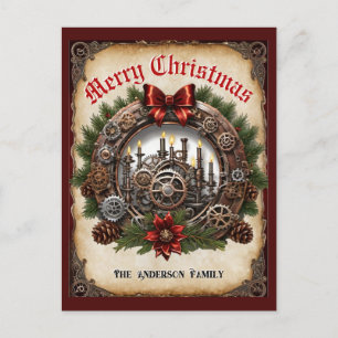 Cartão Postal De Festividades Velas de Verdura Steampunk Coroa de Natal Cogs