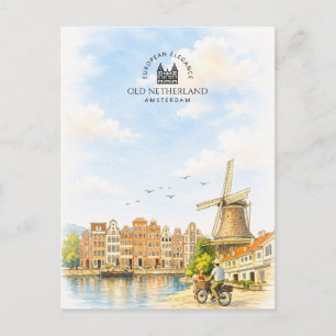 Cartão Postal De Festividades Velha Holanda – Amsterdã Aquarela de Viagem