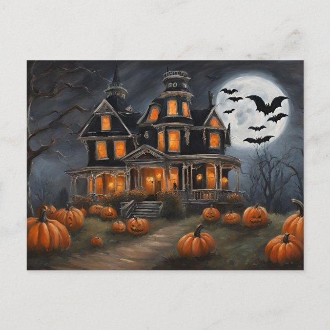 Cartão Postal De Festividades Velho Halloween House e Pumpkins (Frente)