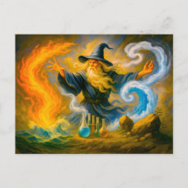 Cartão Postal De Festividades Velho mago dominando os quatro elementos em óleo