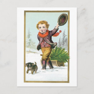 Cartão Postal De Festividades Velho Natal, Garoto com Cachorro