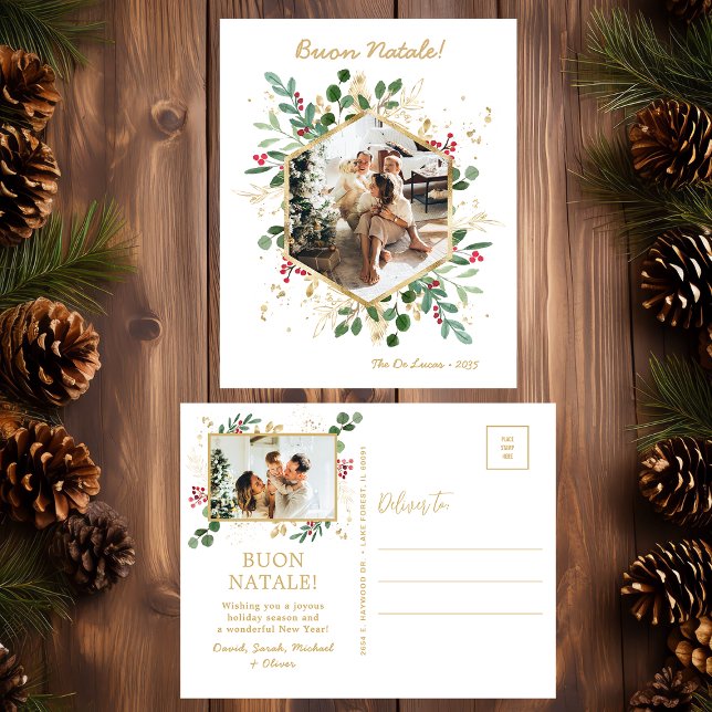 Cartão Postal De Festividades Verde Botânico Moderno Foto Buon Natale (Criador carregado)