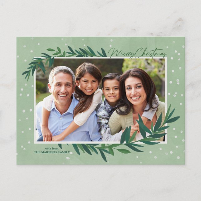 Cartão Postal De Festividades Verde Botânico Moderno Foto Feliz Natal (Frente)