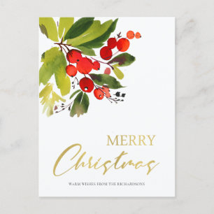 CARTÃO POSTAL DE FESTIVIDADES VERDE VERMELHO BERRIES WATERCOLOR MERRISTMAS