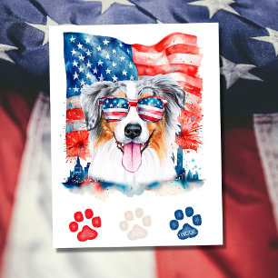 Cartão Postal De Festividades Vermelho Branco Azul Pastor Australiano Cão 4 de J