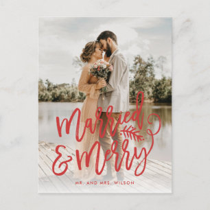 Cartão Postal De Festividades Vermelho de Foto de Natal casado e Feliz