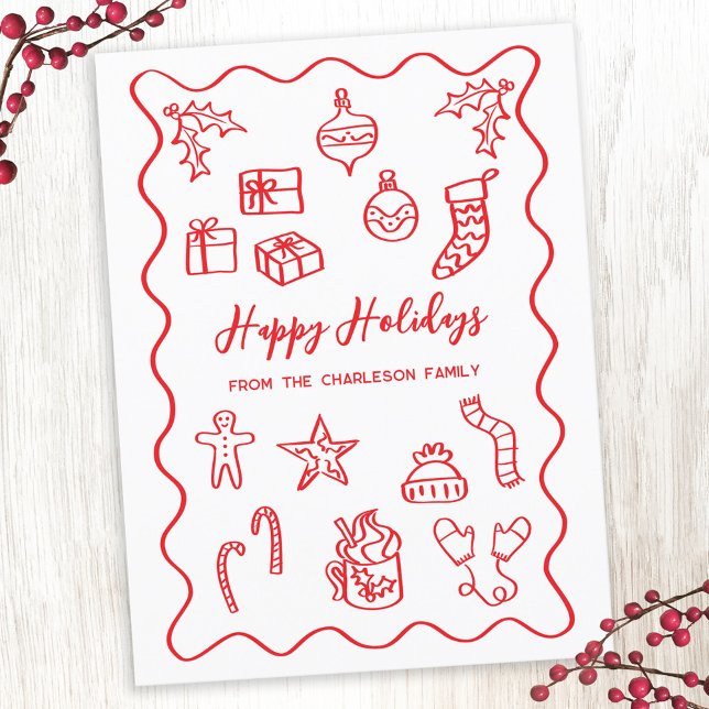 Cartão Postal De Festividades Vermelho e Branco da ilustração moderna do rabisco (Fun hand drawn scribble doodle red and white personalized custom text Christmas holiday card)