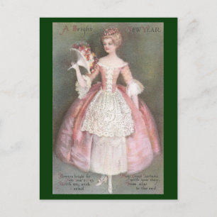 Cartão Postal De Festividades Vestida Rosa com Buquê Vintage Ano Novo