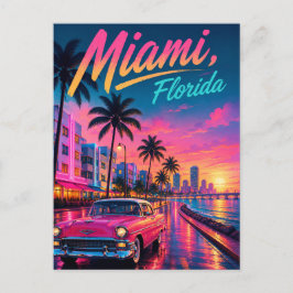 Cartão Postal De Festividades Viagem com pôr do sol neon retrô em Miami Flórida