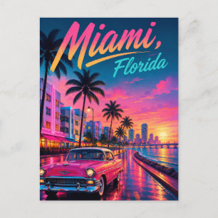 Cartão Postal De Festividades Viagem com pôr do sol neon retrô em Miami Flórida